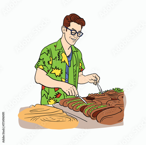 Cheerful Cartoon Chef in Vibrant Green Shirt Skillfully Preparing a Delicious Array of Mouthwatering Hot Dogs with Precision and Joy