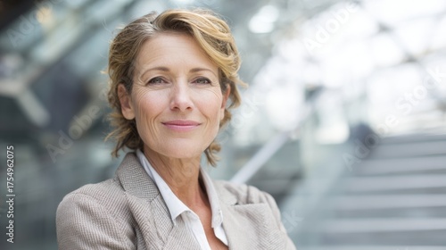A woman stands confidently smiling in a sleek urban building with glass architecture. Free Download A woman stands confidently smiling in a sleek urban building with glass architecture. - GFXLoad