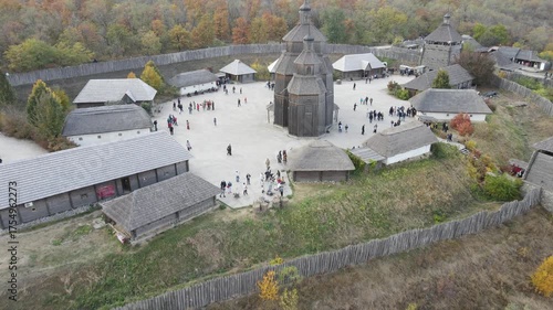 Zaporizhzhia, Ukraine. Aerial view of Ukrainian Cossack fortress, Zaporizhian Sich, an old wooden church, houses, museum on Khortytsia Island in Ukrainian city Zaporizhzhia.
