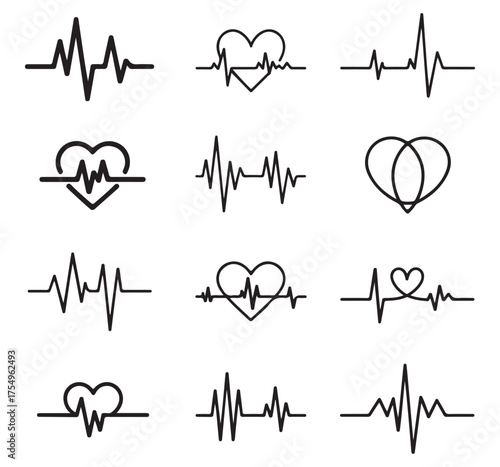 Heartbeat Wave Icons Collection – Minimal ECG, Pulse, and Heart Line Vector Set