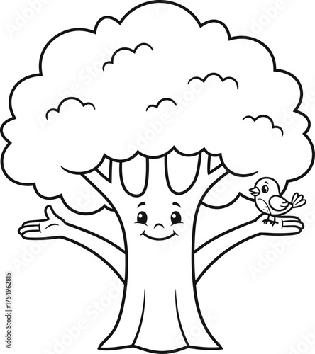 Whimsical cartoon illustration of a happy anthropomorphic tree with open arms and a small bird perched on a branch