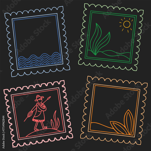 Colorful neon postage stamp frame set on black background with travel, landscape, and nature line art design, perfect for modern graphic decoration, logo, or creative illustration use.
