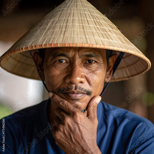 Portrait of a man wearing a conical hat, thoughtfully holding his chin