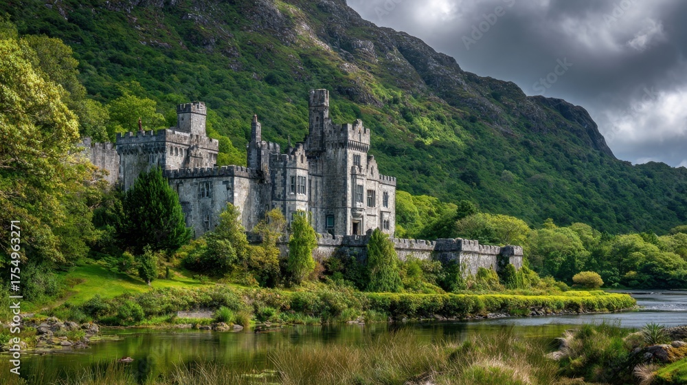 Obraz premium A captivating castle stands proudly by a serene lake embraced by verdant hills and dramatic clouds.