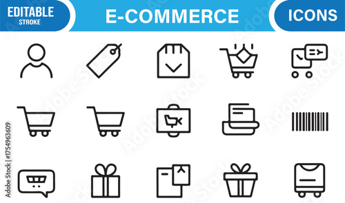 Editable vector symbols of shopping carts, barcodes, and payment methods for commerce artwork