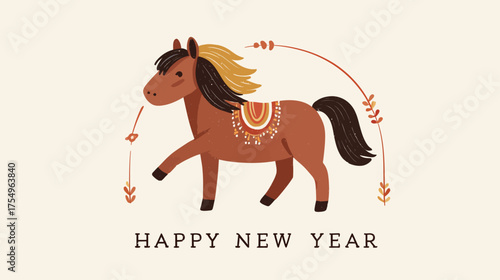 Cartoon illustration of a decorative brown horse, festive "Happy New Year" text