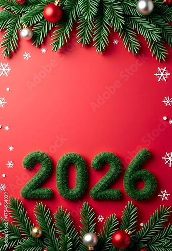Vertical template with numbers 2026 and Christmas branch on top and bottom of the card. Copy space.