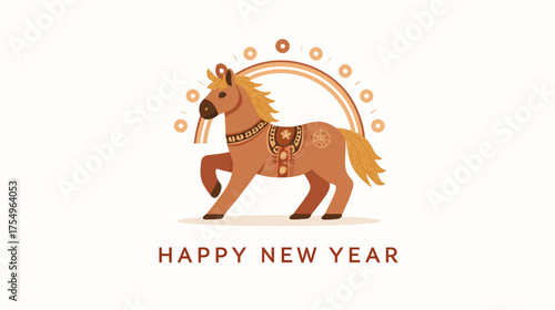 Stylized brown horse with saddle and rainbow arcs on white background