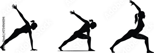 Yoga silhouette, warrior pose, side plank variation, lunge stretch, fitness exercise, meditation posture, wellness balance, flexibility training, calm practice, vector illustration