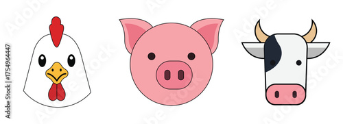 Farm Animal Faces Set Cute Cartoon Chicken, Pig, and Cow Head Icons in Flat Vector Style, Domestic Livestock Animal Illustration for Agriculture, Food Industry, and Farm Education Design