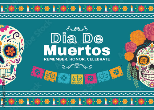 Dia de los Muertos eternal celebration vector greeting card featuring vibrant sugar skulls, Catrina, marigolds, papel picado, candles, and festive Mexican Day of the Dead art.