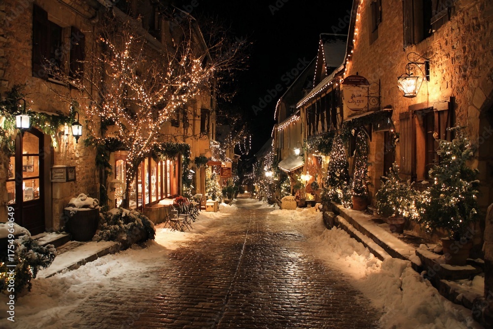 Fototapeta premium Snow-covered street with festive lights and decorations in a charming village at night