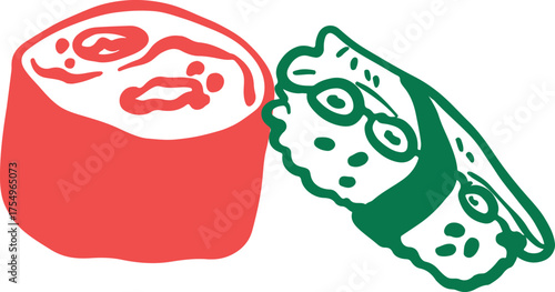 Sushi japanese food logo for sushi restaurant or delivery. Hand drawn elements for menu design, vector colorful illustration collection.	
