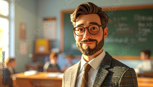 Portrait of a smiling, bespectacled male figure in a classroom setting