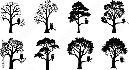 Beautiful tree silhouettes with owl sitting on branch, elegant forest wildlife vector design, black and white nature illustration art