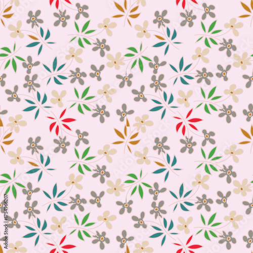 Floral botanical vector texture pattern with flowers and leaves. Seamless pattern can be used for wallpaper, pattern fills, web page background, surface textures.