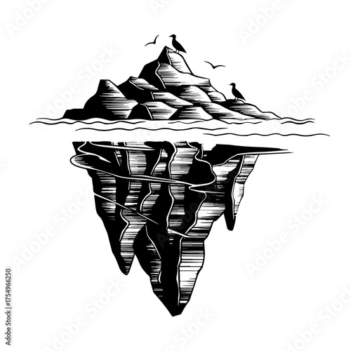 Birds in the sea sit on top of an iceberg. Line art monochrome vector sketch
