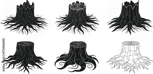 Collection of detailed tree stump and root silhouettes, black vector illustration showing cut wood, forest nature, growth rings, and ecology concept