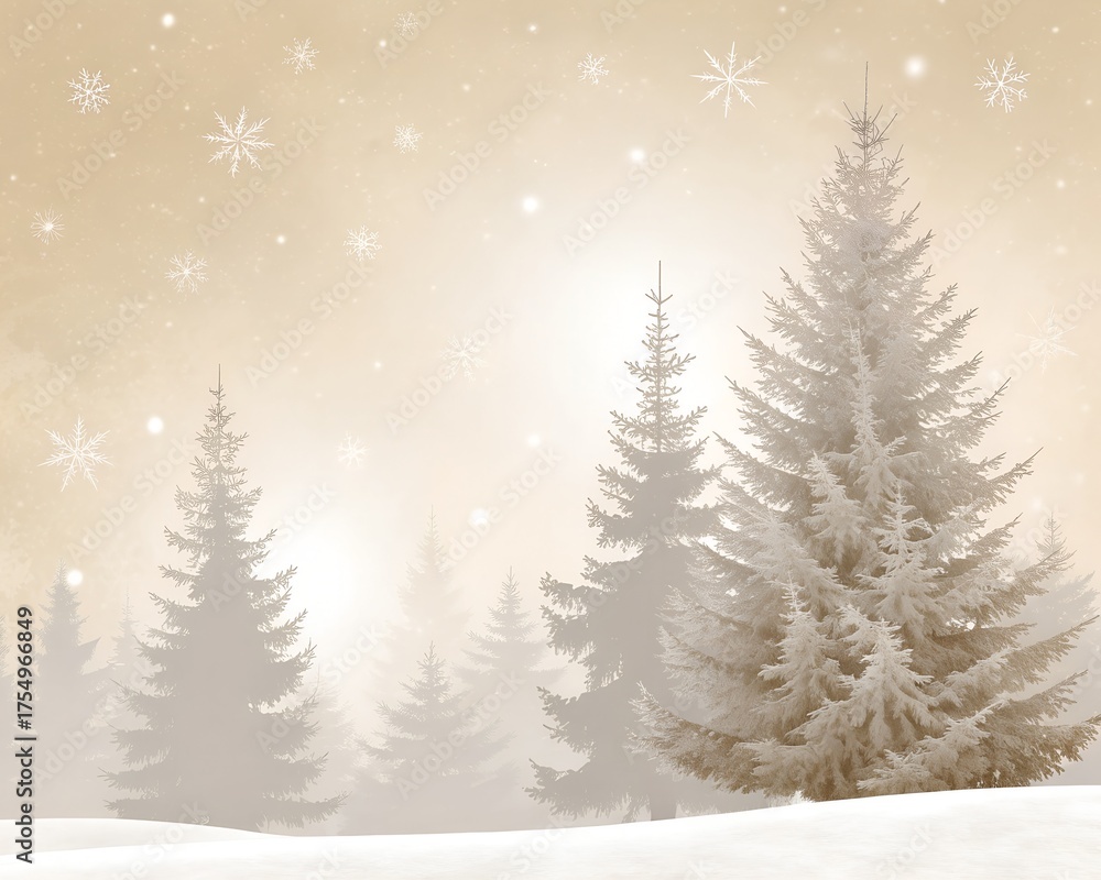 Obraz premium Winter forest scene with snowcovered pine trees and falling snowflakes in a soft, warm, sepiatoned light
