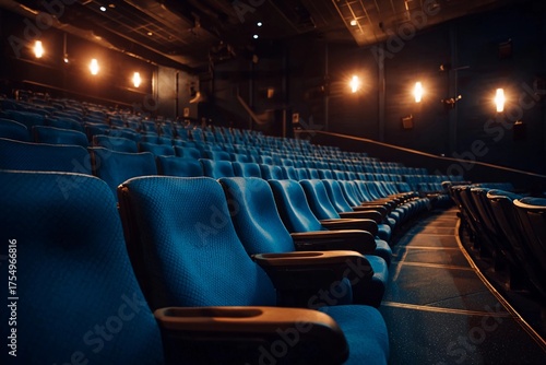 Empty blue theater seats in a dark cinema hall before the movie starts