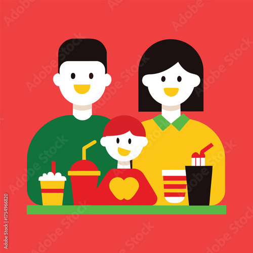 family eating on fast food shop vector art