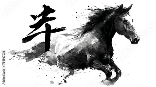 Running horse artfully drawn with ink brushstrokes, alongside Asian calligraphy