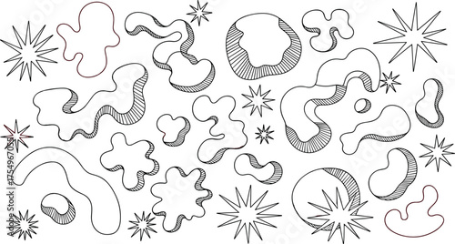 Collection of hand-drawn abstract doodle shapes featuring organic blobs and spiky stars, isolated on a white background for creative design