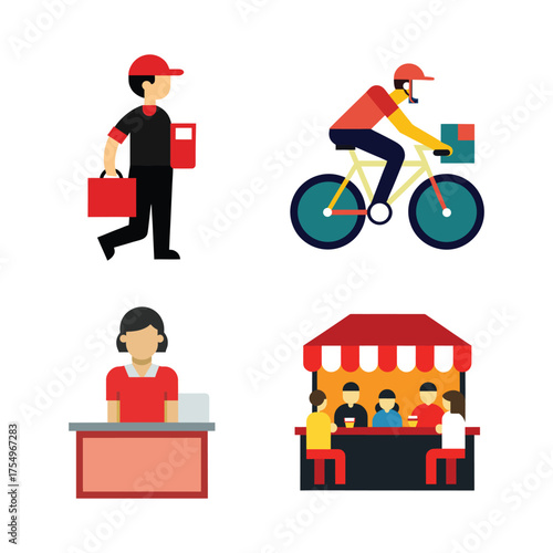 Delivery person on bicycle, Group sitting at fast food booth vector art Delivery driver carrying a takeout bag 