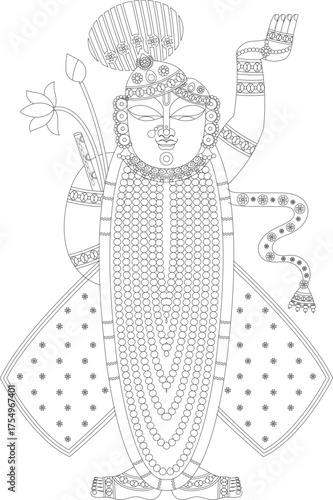 Shrinathji, Jagannath, or Lord Krishna with cows, in Indian folk painting Pichwai style	
