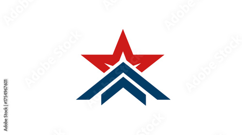 Red star and blue arrows on a white background create a modern, abstract design