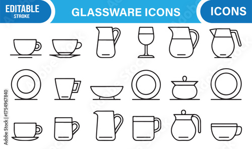 Collection of minimalist glassware vector icons for kitchen, dining, and beverage design themes