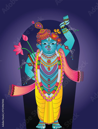 Shrinathji, Jagannath, or Lord Krishna with cows, in Indian folk painting Pichwai style	
