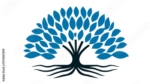 Illustration of a stylized tree with blue leaves, black trunk, and roots, isolated on white