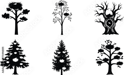 Silhouette tree collection with bird nests, black nature vector set, wildlife illustration for design, natural forest environment art elements