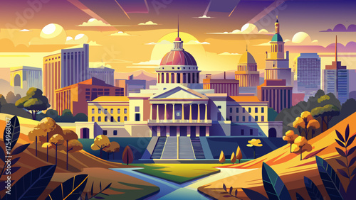 Very beautiful view of Montgomery, Alabama, USA, featuring the majestic State Capitol building at dawn, bathed in soft golden light with a tranquil cityscape surrounding it.