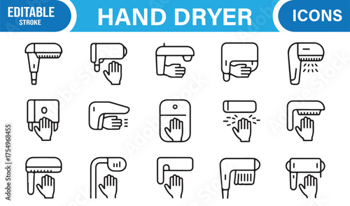 Outline vector icons of electric hand dryers for public hygiene, safety, and sanitation projects
