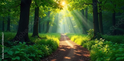 Winding Forest Path Sunlight Dapples Leaves on a Journey into the Unknown, Evoking Exploration and Adventure in a Lush Wilderness
