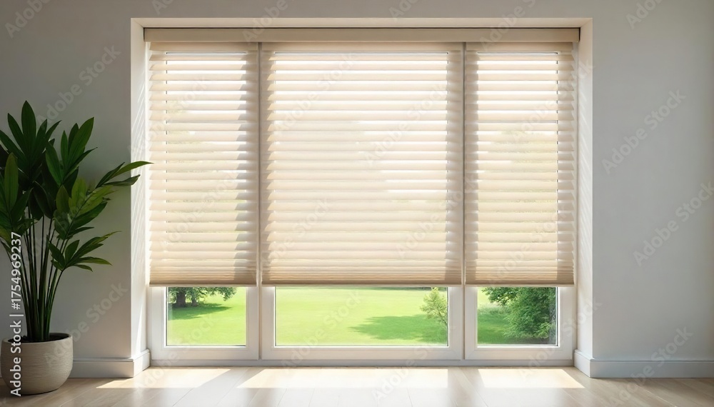 Fototapeta premium Modern Window Blinds Stylish Light Control & Privacy for a Sunlit Room. Clean lines and neutral tones create a serene atmosphere, ideal for home design and interior decorating projects.