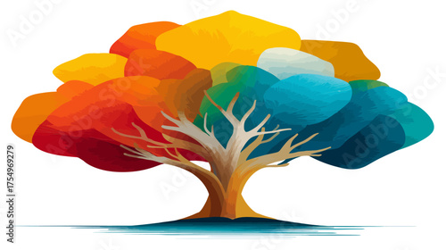 Stylized tree with an abstracted rainbow canopy and bare branches with a simple ground plane