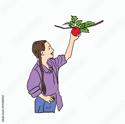 Young Girl Reaching Up to Pick a Fresh Red Apple from a Lush Green Tree in a Beautiful Outdoor Orchard Setting