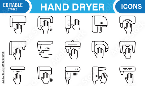 Outline vector set of hand dryer symbols for sanitation, washroom, and hygiene equipment artwork