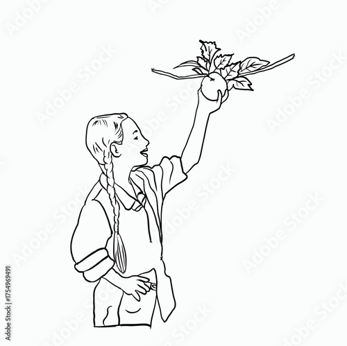 Cheerful Young Girl Joyfully Holding a Fresh Apple with Vibrant Green Leaves in a Playful Outdoor Illustration