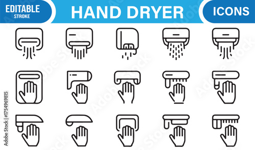 Editable hand dryer vector icons set in outline style for hygiene, restroom, and public facility design