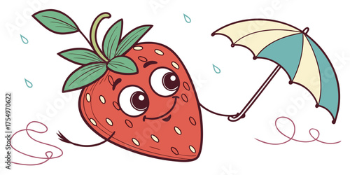 Smiling strawberry holding a tiny umbrella, cute flat vector illustration