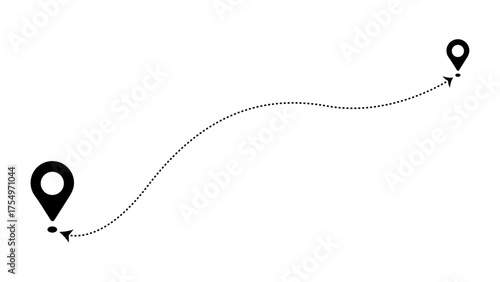 A simple black and white vector graphic illustrating a dotted, curved route between two destination location pin markers on a map.