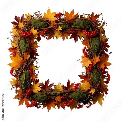 A square wreath made of autumn leaves, berries, and moss. The design features vibrant orange, red, and yellow foliage on a transparent background.