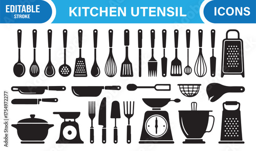 Minimalist kitchen utensil vector collection for household, dining, and food design projects