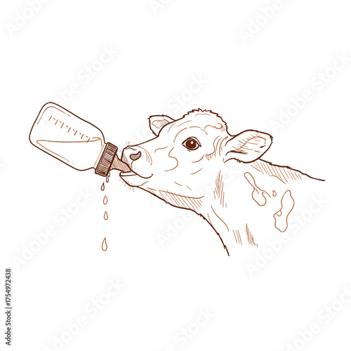 A calf drinks from a bottle with a rubber nipple for feeding calves. A minimalist doodle-style vector illustration in sepia or brown monochrome tones.