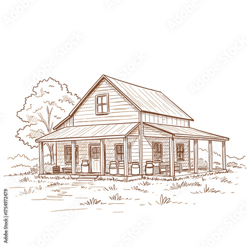 A farmhouse with milk churns by the porch. Minimalist doodle-style vector illustration.
