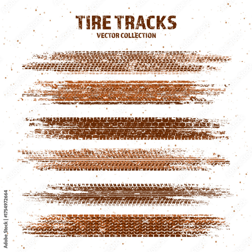Fototapeta premium Grunge tire tracks with mud splatters, dirty wheel braking marks. Truck, car, or motorcycle tread pattern silhouettes. Perfect for off-road, motorsport, and racing designs. Vector illustration.